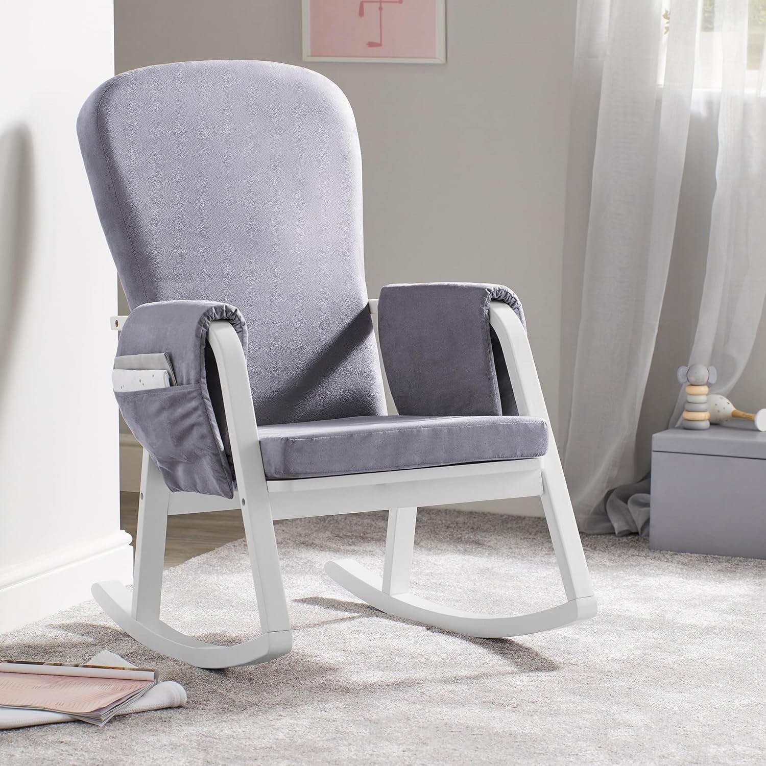 Compact Comfortable Rocking Chair with Padded Support & Side Pockets