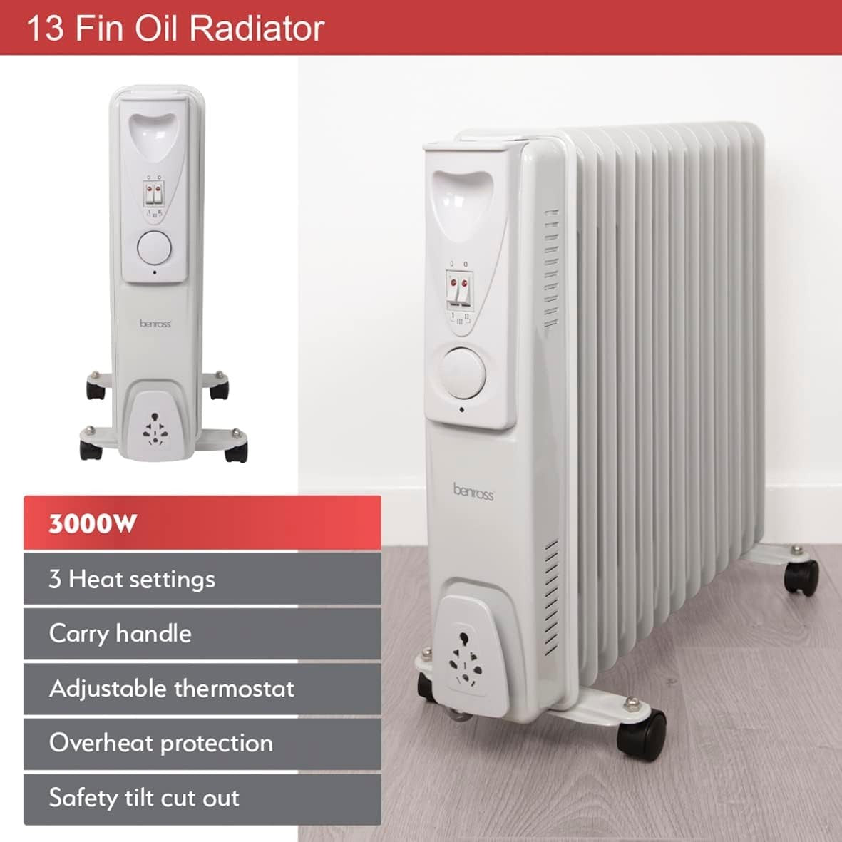 Portable 13-Fin Oil Filled Radiator 2500W Adjustable Thermostat White
