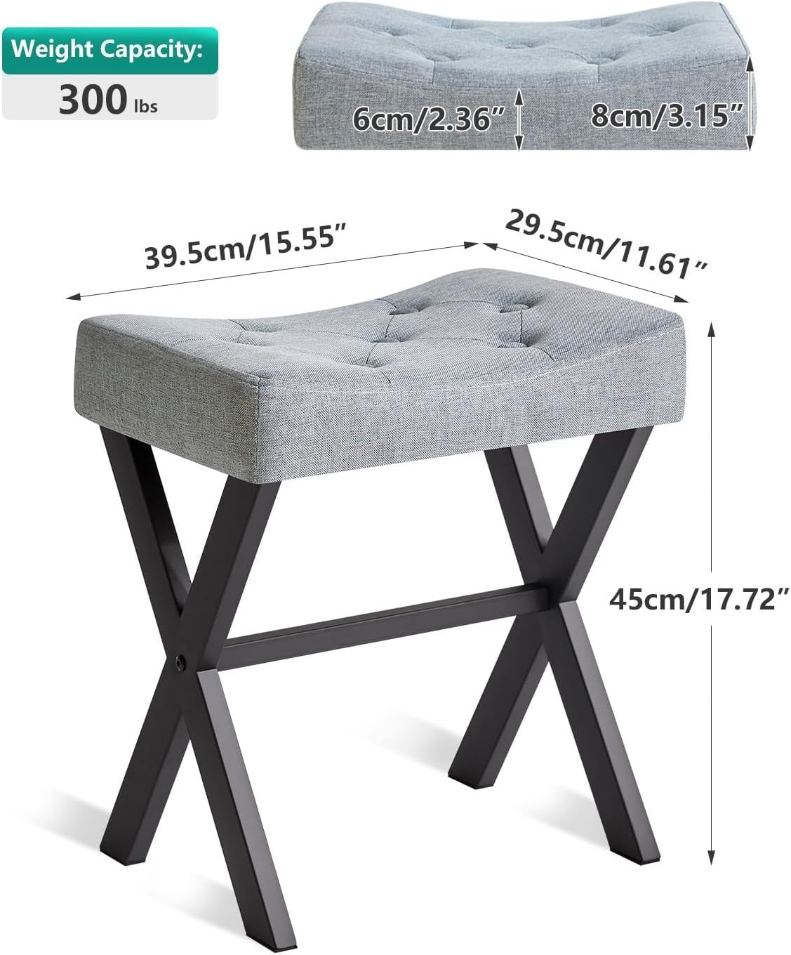 Blue Gray U-Shaped Linen Vanity Stool with X-Leg – Makeup Seat & Footrest