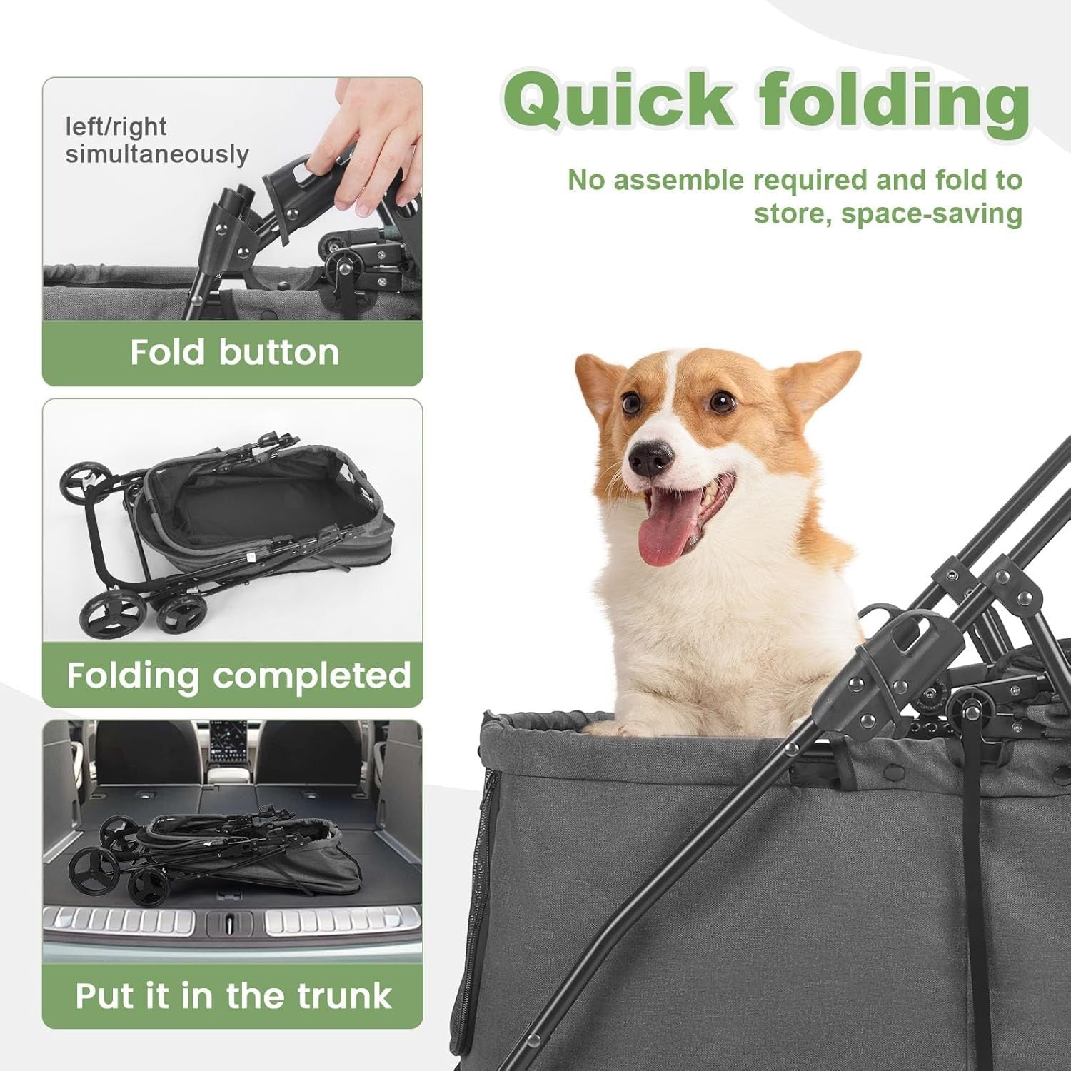 Dark Grey Dog Stroller 4 Wheel Heavy Duty Foldable Jogger Pram Small Medium