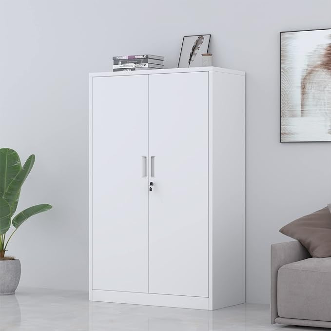 White Metal Storage Cabinet with Lock & 3 Adjustable Shelves Office Cupboard