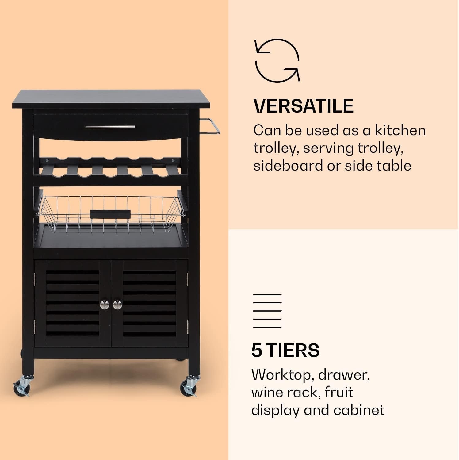 Black Slim Kitchen Trolley 5 Tier Rolling Cart