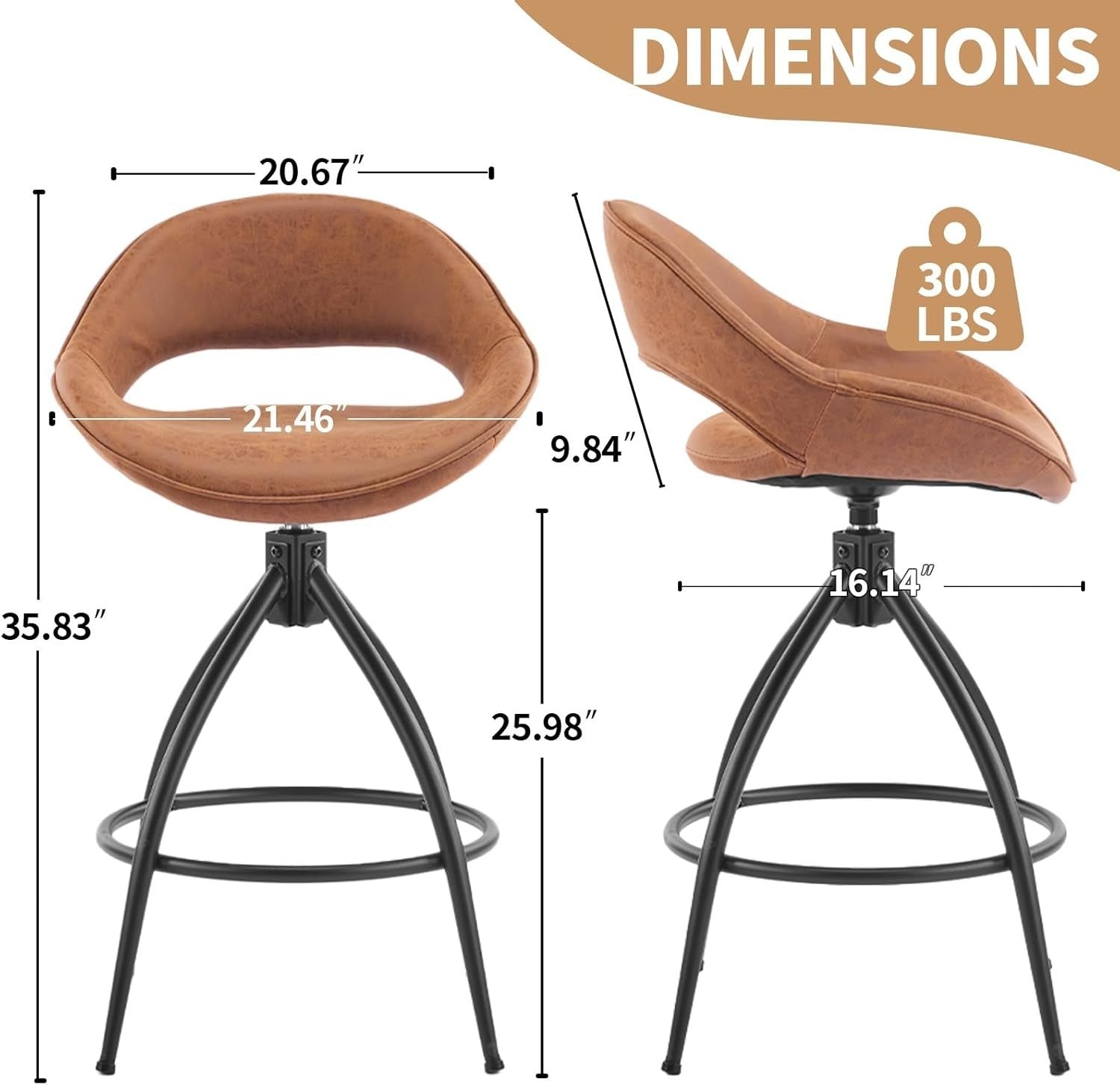 360° Swivel Bar Stools Set of 2 | Brown PU Leather Counter Chairs w/ Back