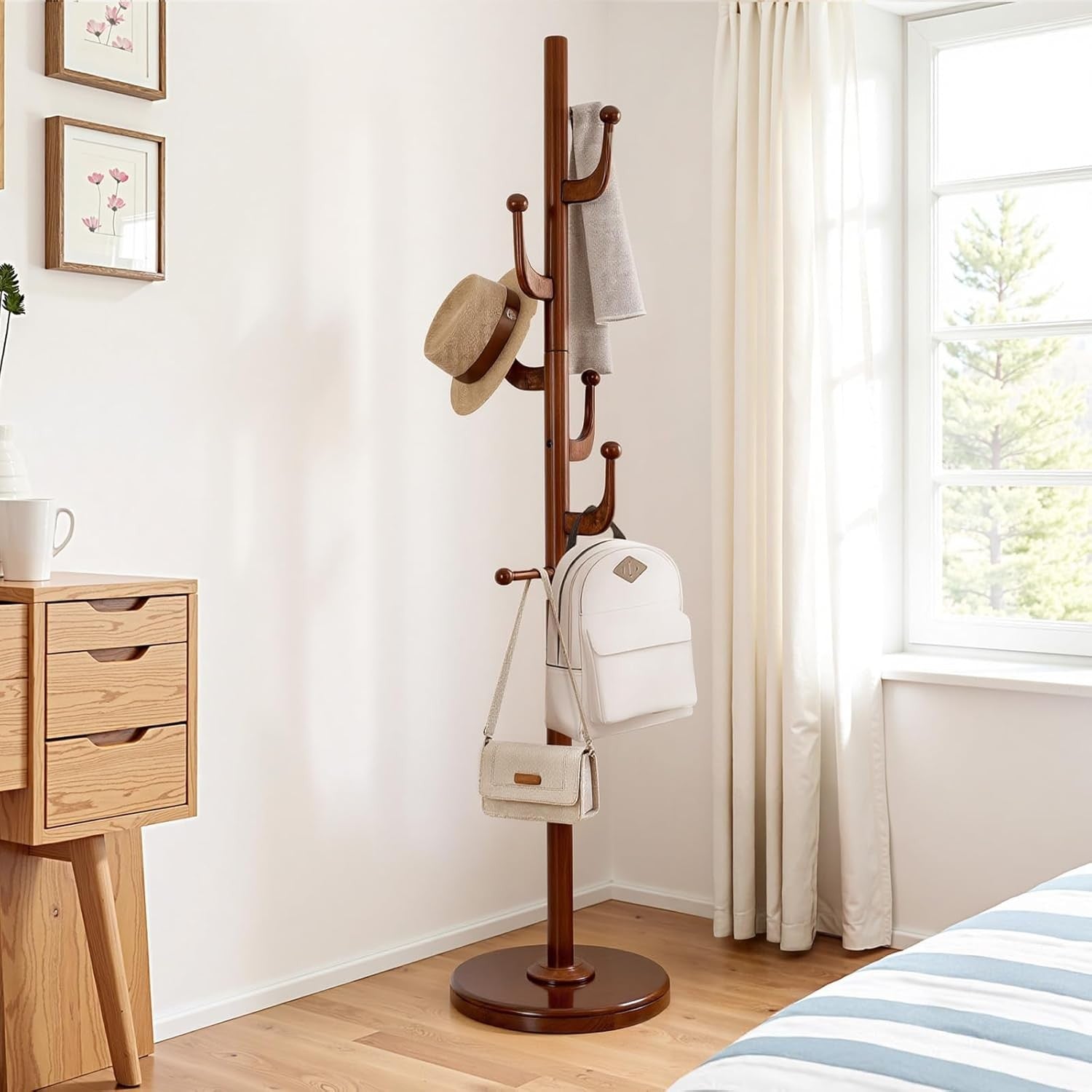 Solid Walnut Wood Coat Rack 180cm Freestanding 5 Hook Stand with Round Base