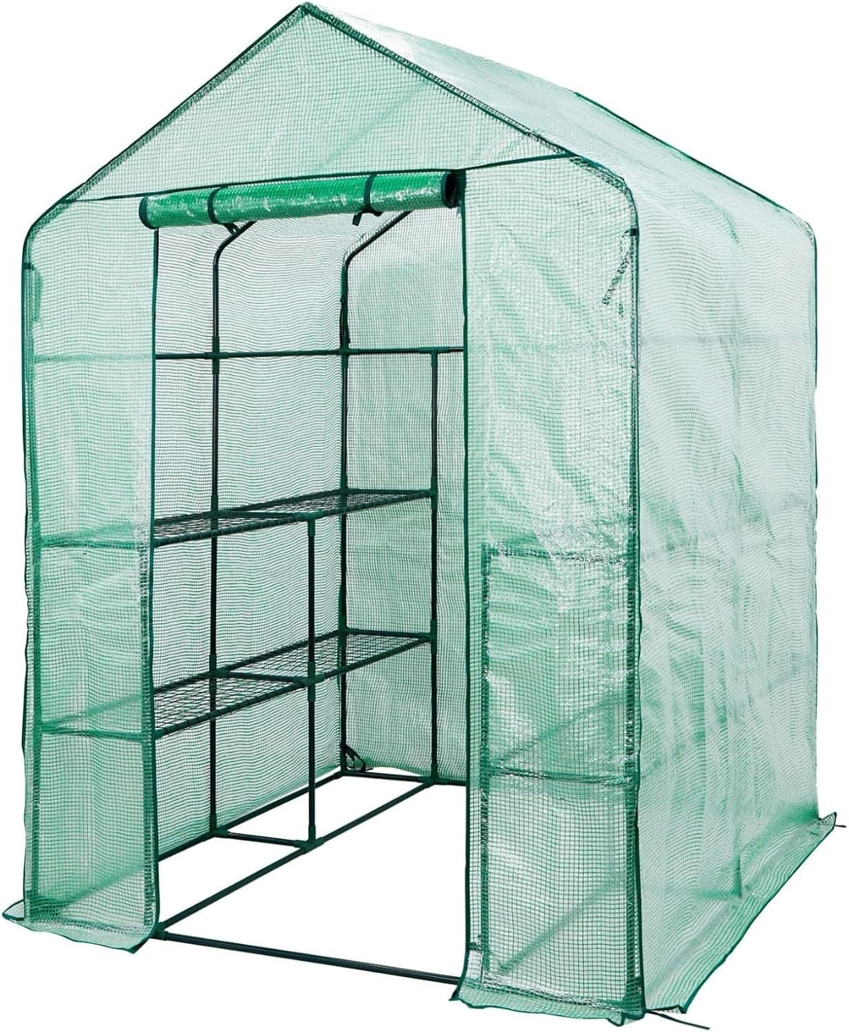 8-Shelf Walk-In Greenhouse with Waterproof PE Cover & Metal Frame 143x143x195cm