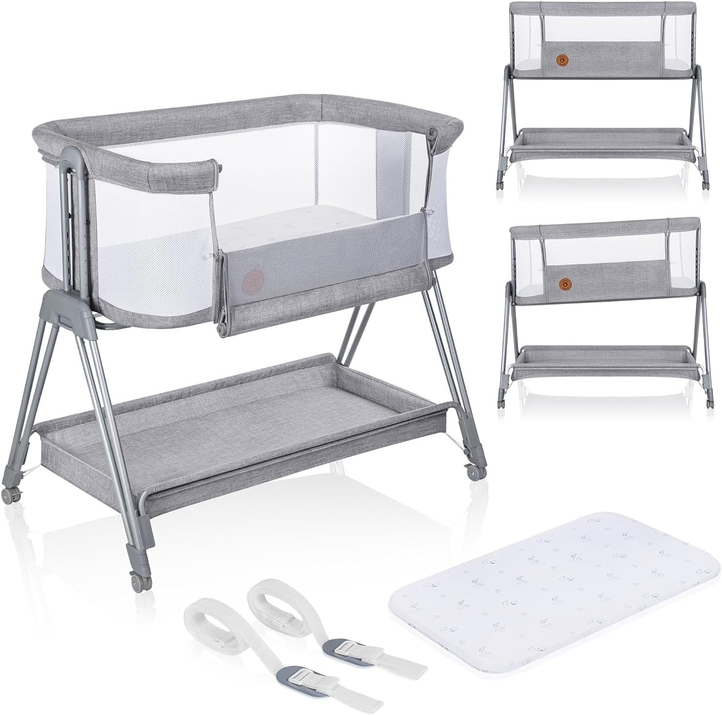 2in1 Baby Bedside Crib Adjustable Height Incline Cot with Wheels & Storage Grey