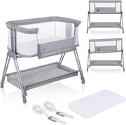 2in1 Baby Bedside Crib Adjustable Height Incline Cot with Wheels & Storage Grey