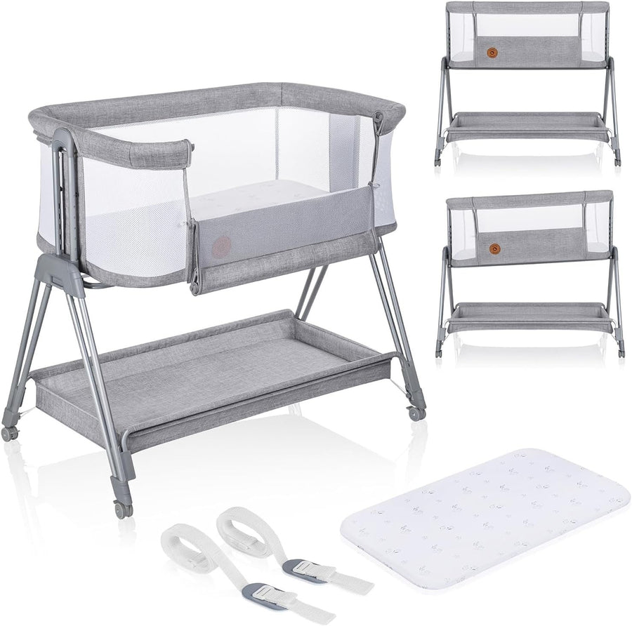 2in1 Baby Bedside Crib Adjustable Height Incline Cot with Wheels & Storage Grey