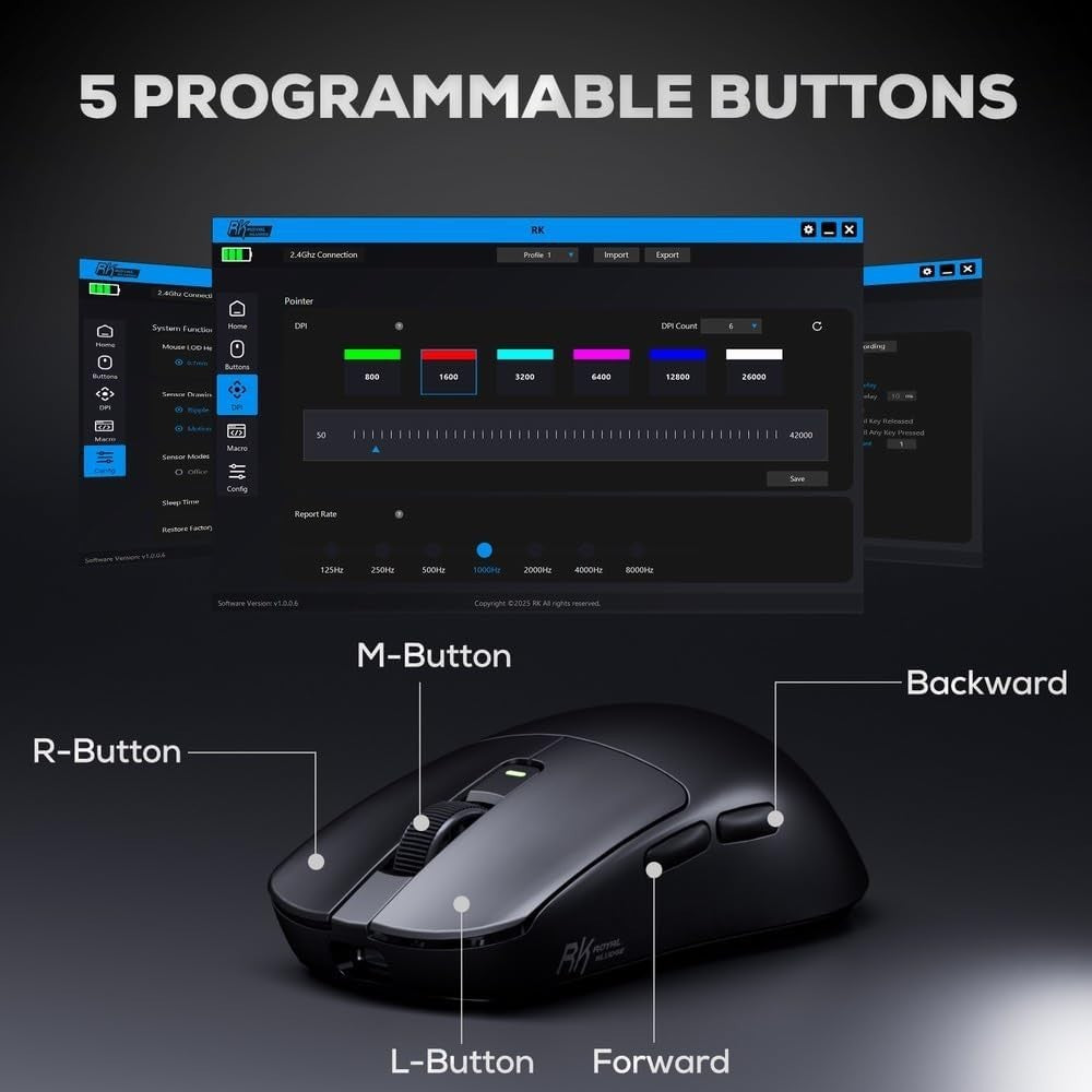 Pro Wireless Gaming Mouse 47g 42000 DPI 8K Hz Tri Mode Black