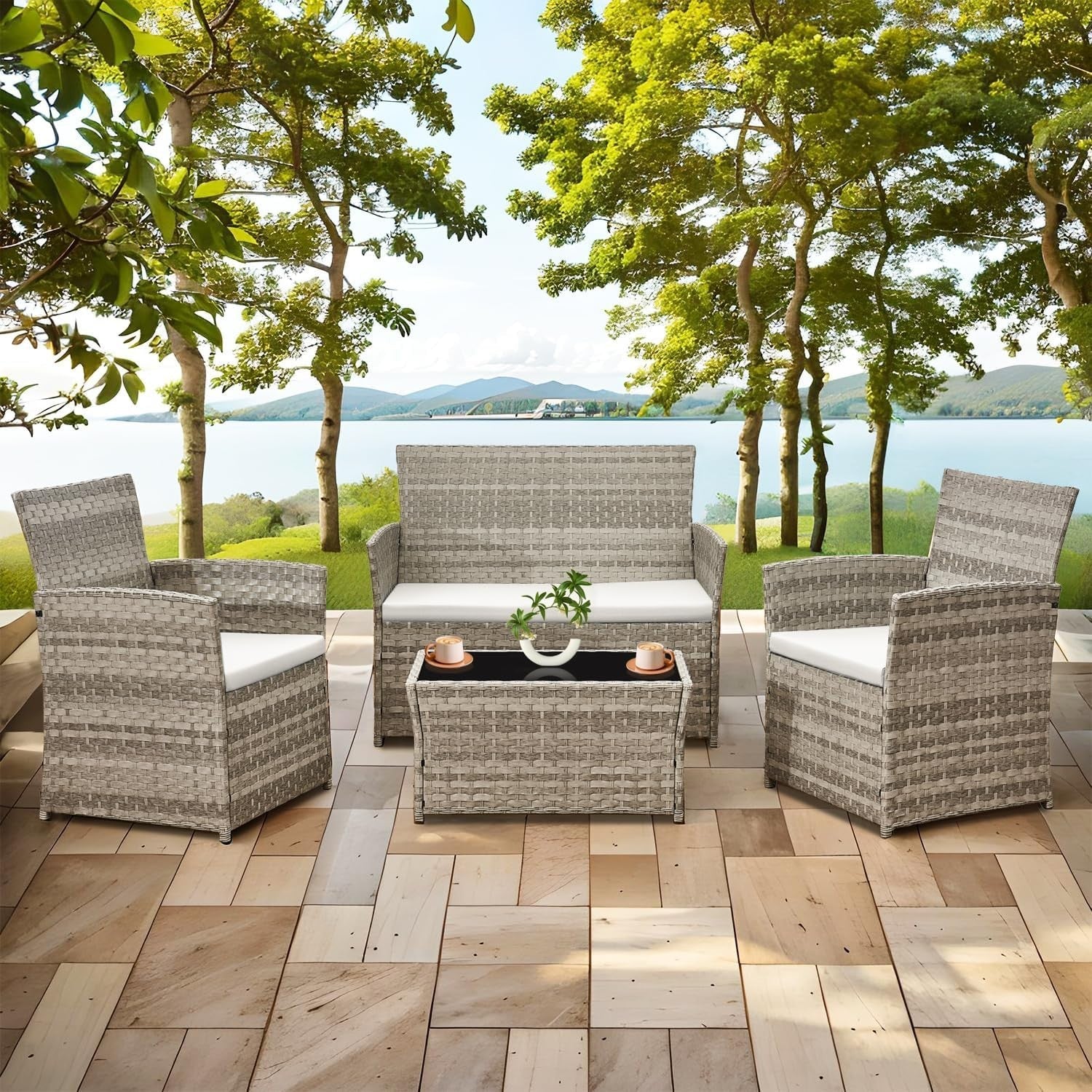 4-Piece Grey Rattan Garden Patio Set | Outdoor Loveseat & Chairs with Table