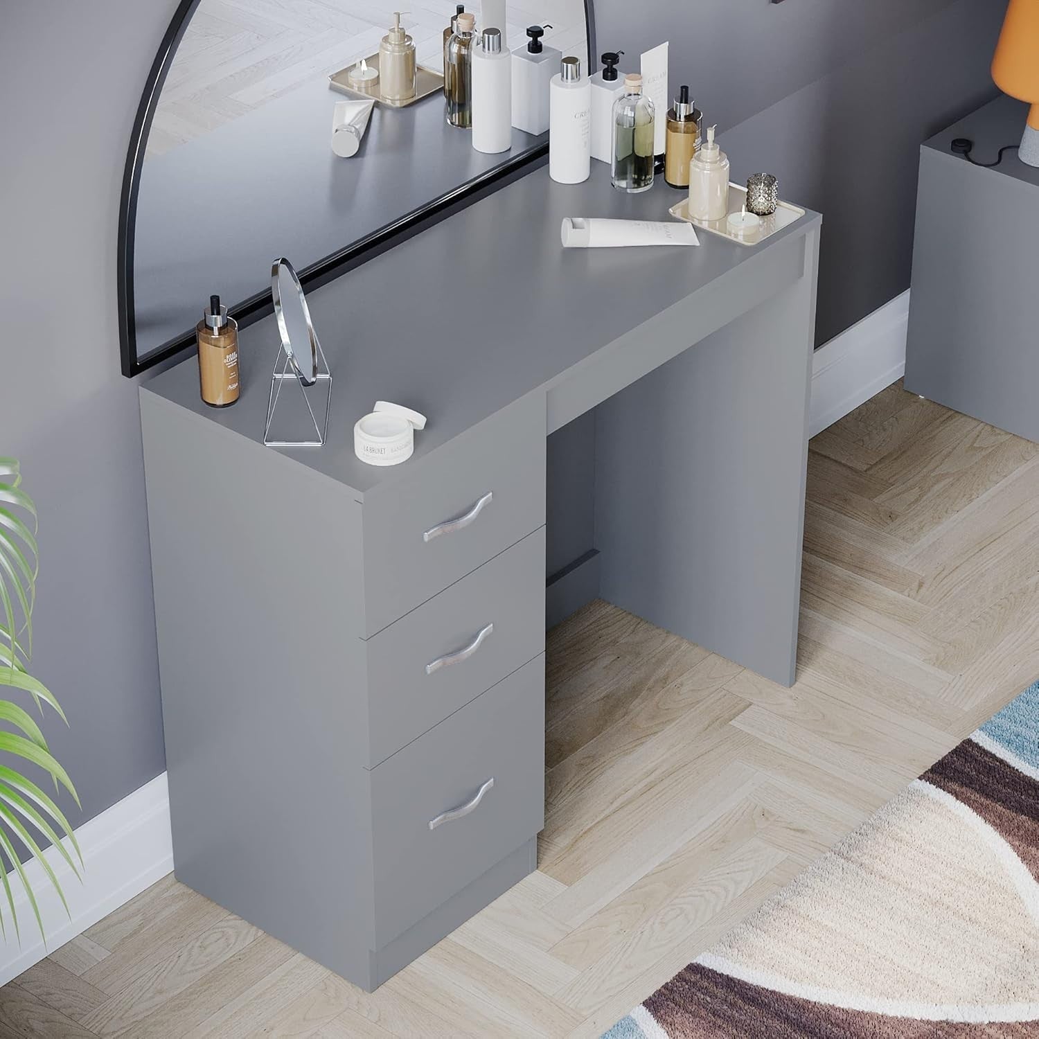 Grey Dressing Table Modern Vanity Desk 3-Drawer Storage Makeup Engineered Wood