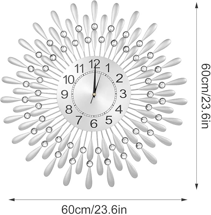 60cm Silver Sunflower Wall Clock Silent Modern Large Metal Diamond Beaded Decor