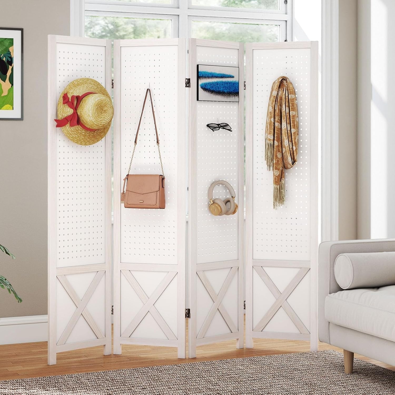 4 Panel White Wooden Folding Room Divider with Pegboard Display 162x170cm