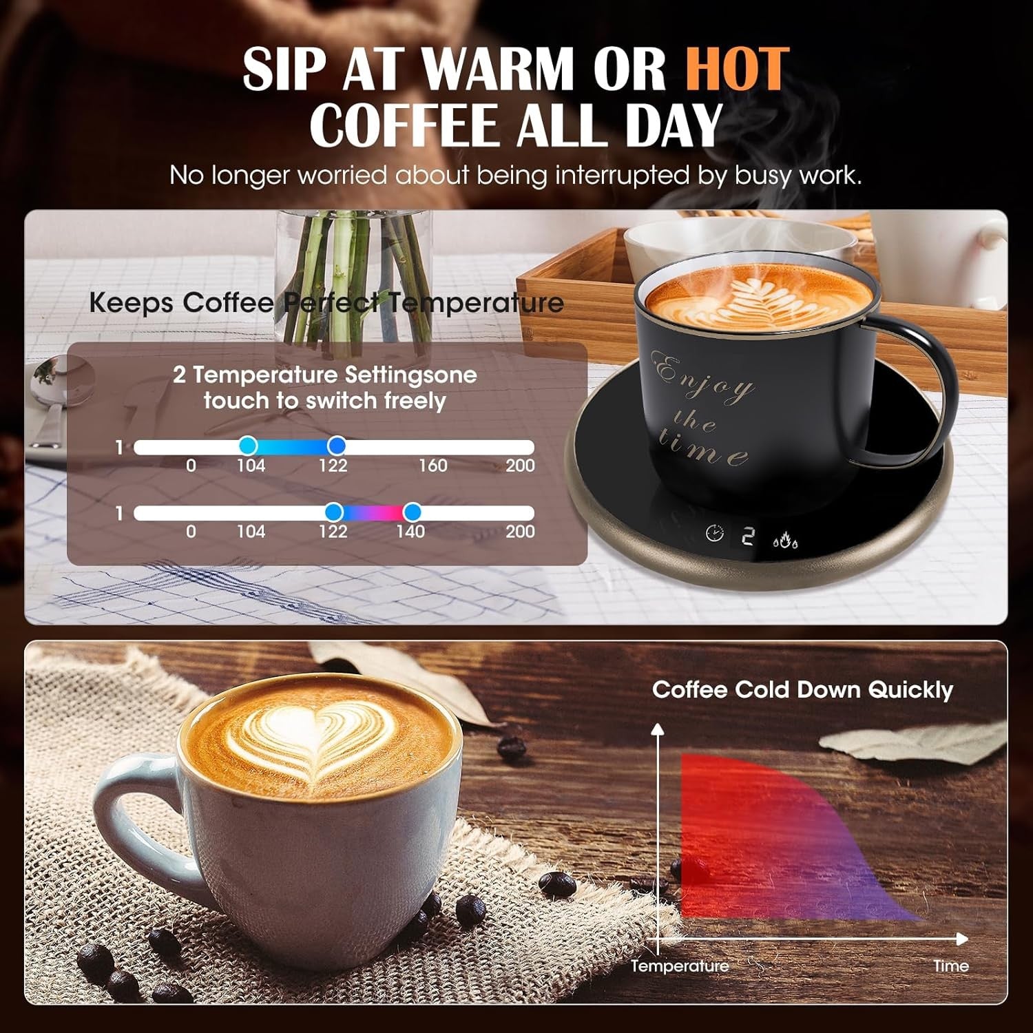 Smart Coffee Mug Warmer – Touch Control, LED Display, Coffee Brown