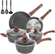 11Pcs Dark Grey Granite Non Stick Induction Cookware Set PFOA Free with Lids