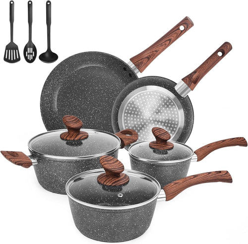 11Pcs Dark Grey Granite Non Stick Induction Cookware Set PFOA Free with Lids