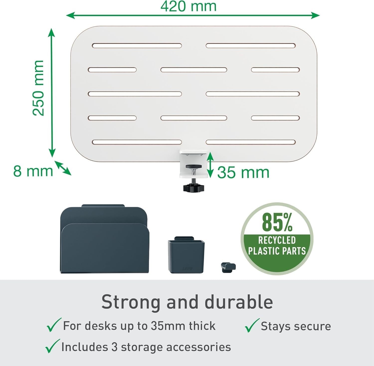 Small Pegboard Desk Organiser with Accessories Clamp Mount White 42x25cm