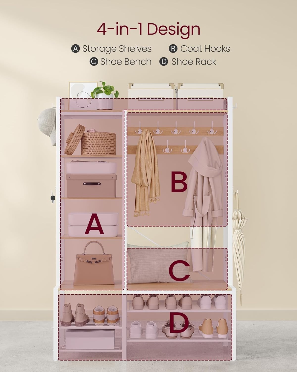 Hall Tree Coat Rack with Bench, Shoe Storage & Shelves | 120x40x190cm