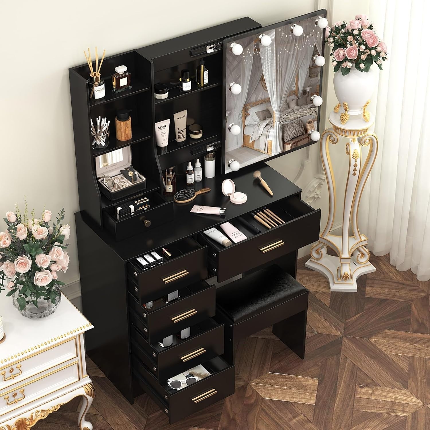 Makeup Vanity Table Set w/ 3-Color LED Lights, 12 Storage Spaces & Padded Stool