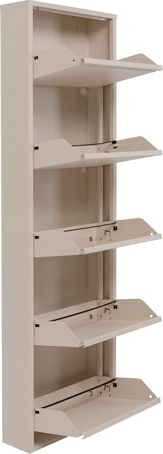 Slim 5-Drawer Shoe Cabinet Cream– Space-Saving Metal Tilt Rack 170x50x15cm