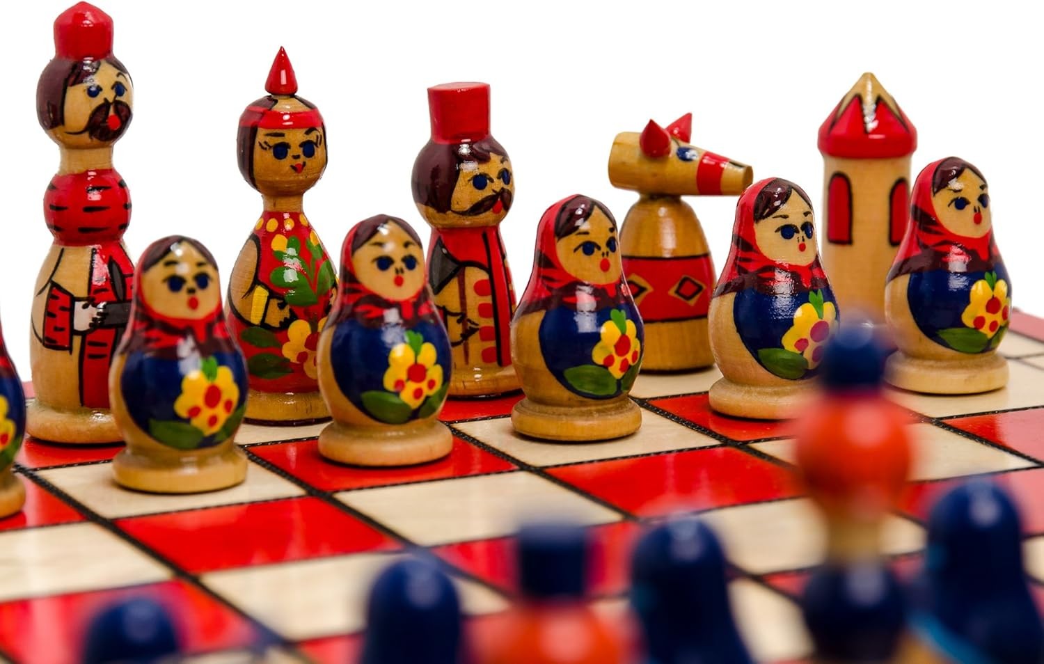 Hand-Painted Wooden Chess Set 42cm Foldable Board Matryoshka Luxury Gift