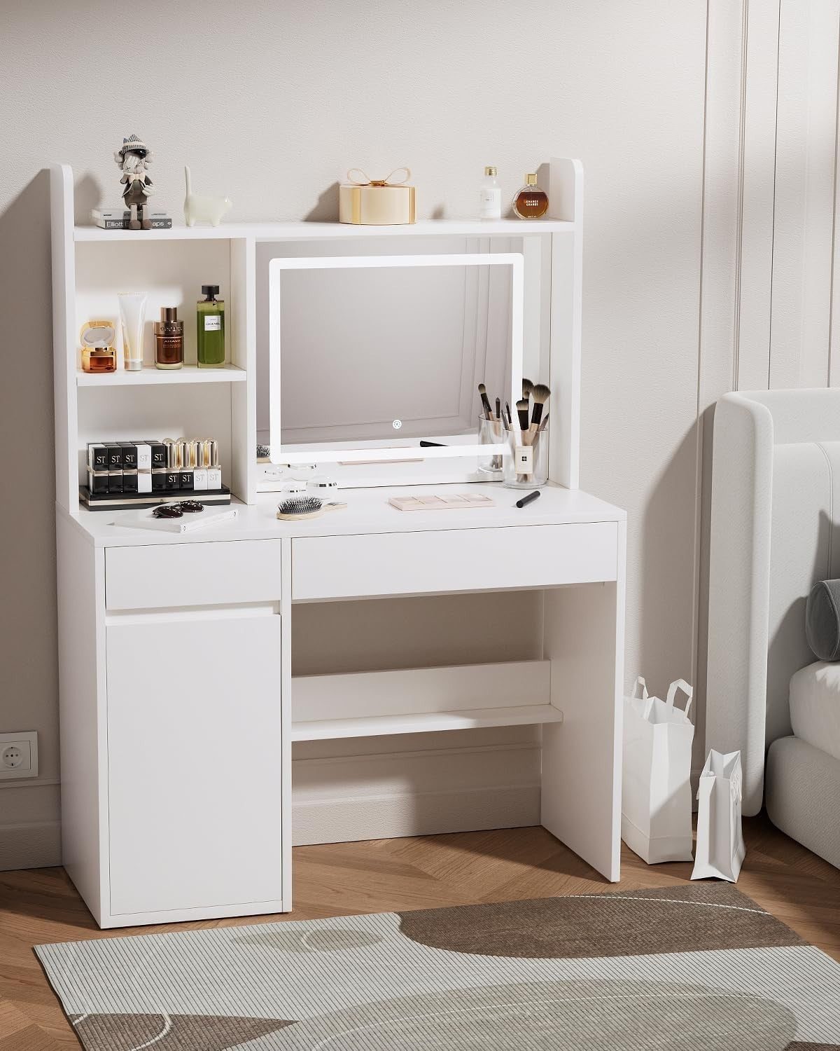 Vanity Desk Table with Mirror LED Lights 4 Drawers Makeup Dressing Cabinet White