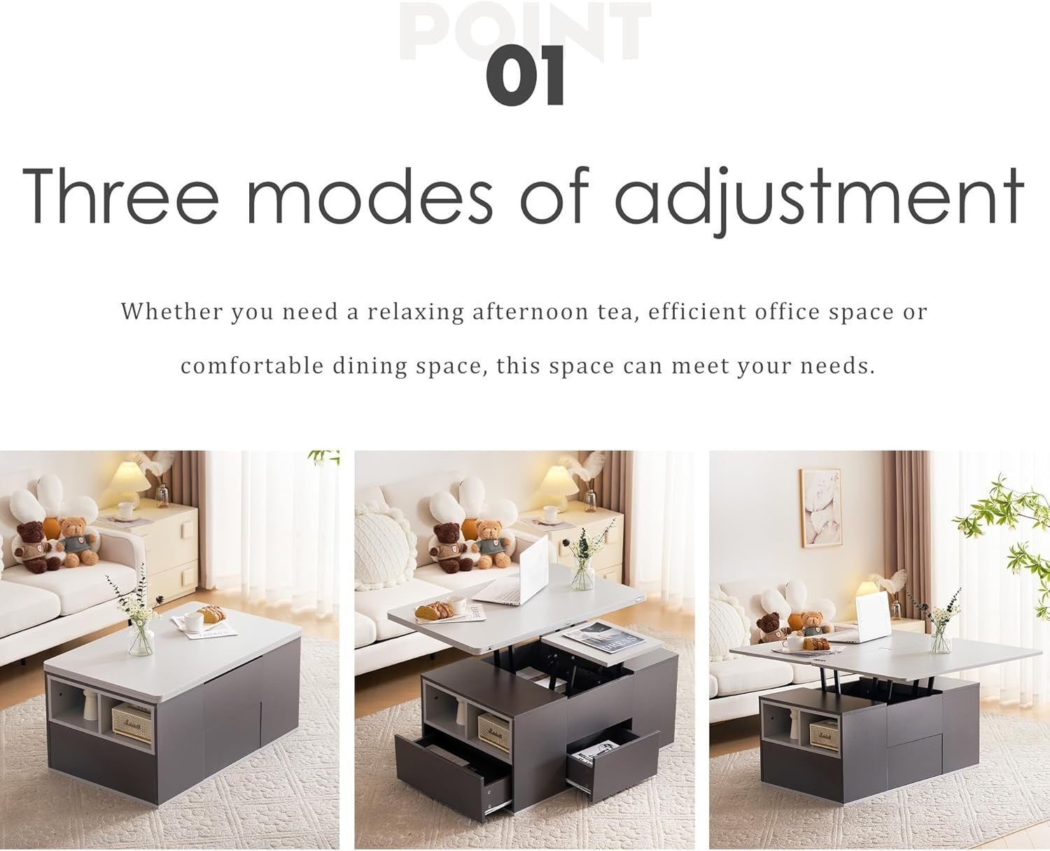 Lift-Top Coffee Table with 3 Drawers & Storage, Grey 100x51x47cm