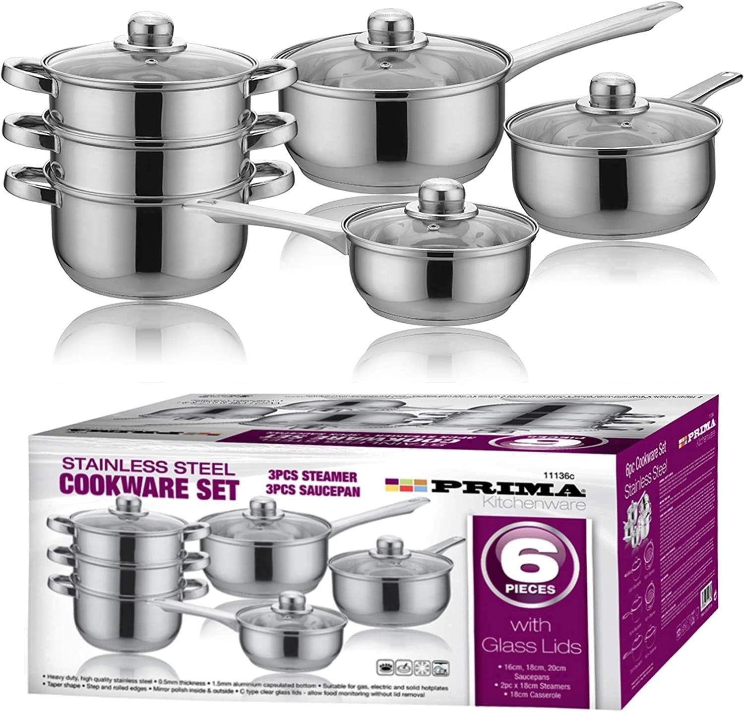 6pcs Stainless Steel Cookware Steamer Pot Set with Glass Lids & Handles