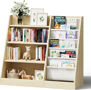 Kids Bookcase with 5 Sling Pockets & 4 Shelves – Wooden Toy & Book Organizer