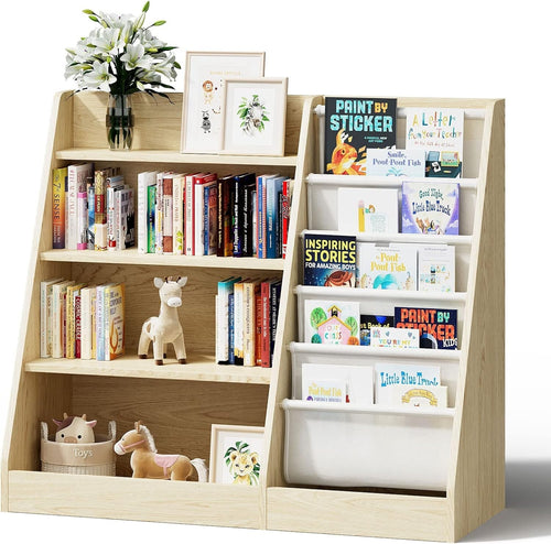 Kids Bookcase with 5 Sling Pockets & 4 Shelves – Wooden Toy & Book Organizer