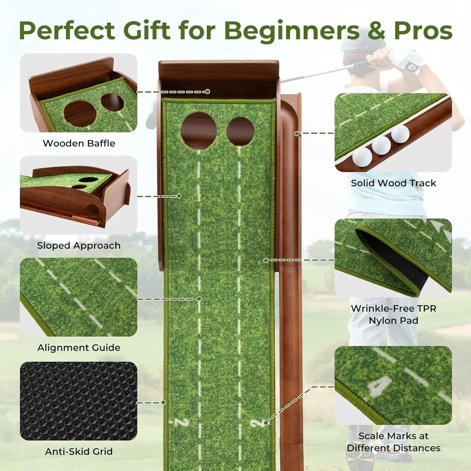 Indoor Golf Putting Mat Set 102in w Putter Balls Auto Return Practice Green