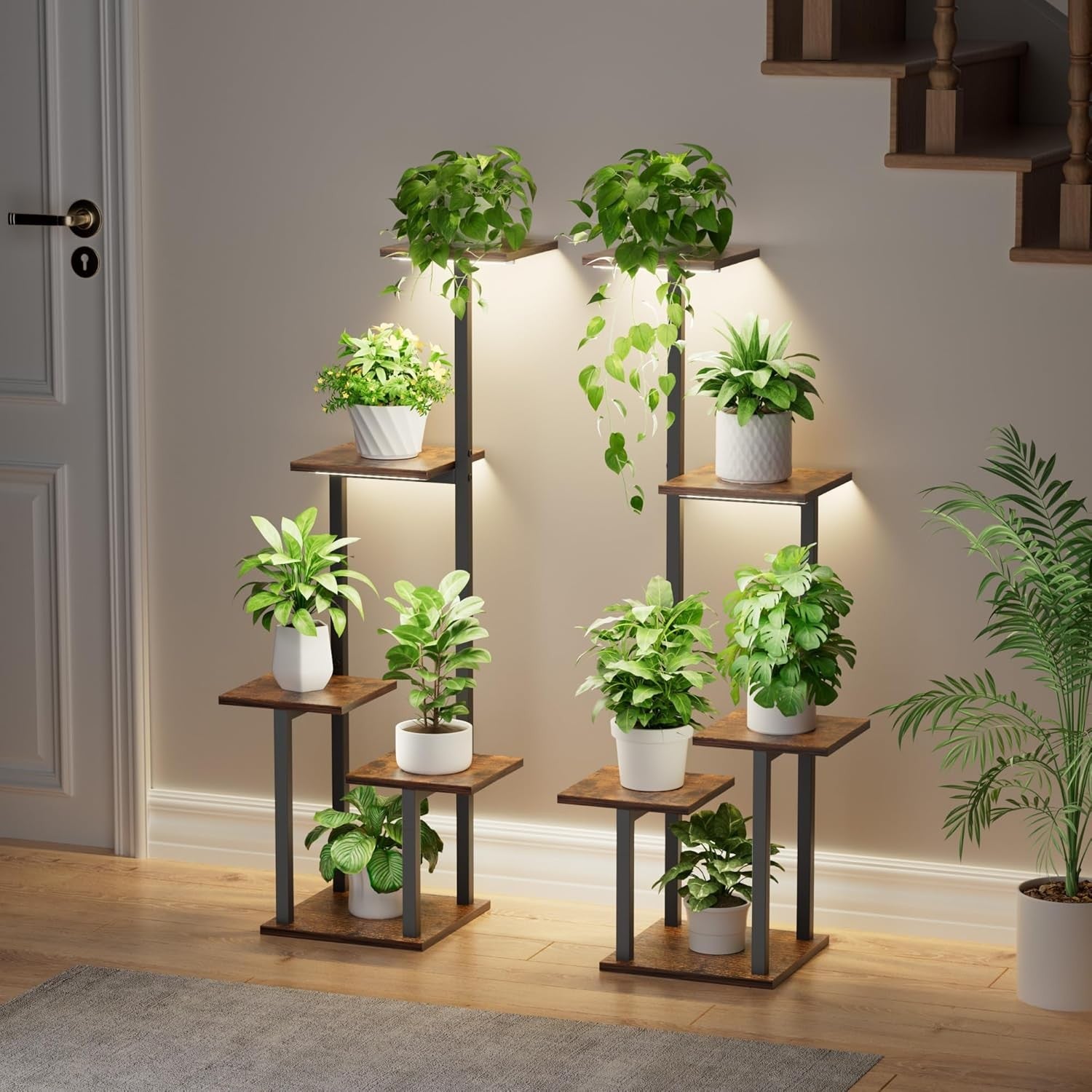 5 Tier Metal Plant Stand with Grow Lights Indoor Corner Shelf Set of 2, 100cm Ta