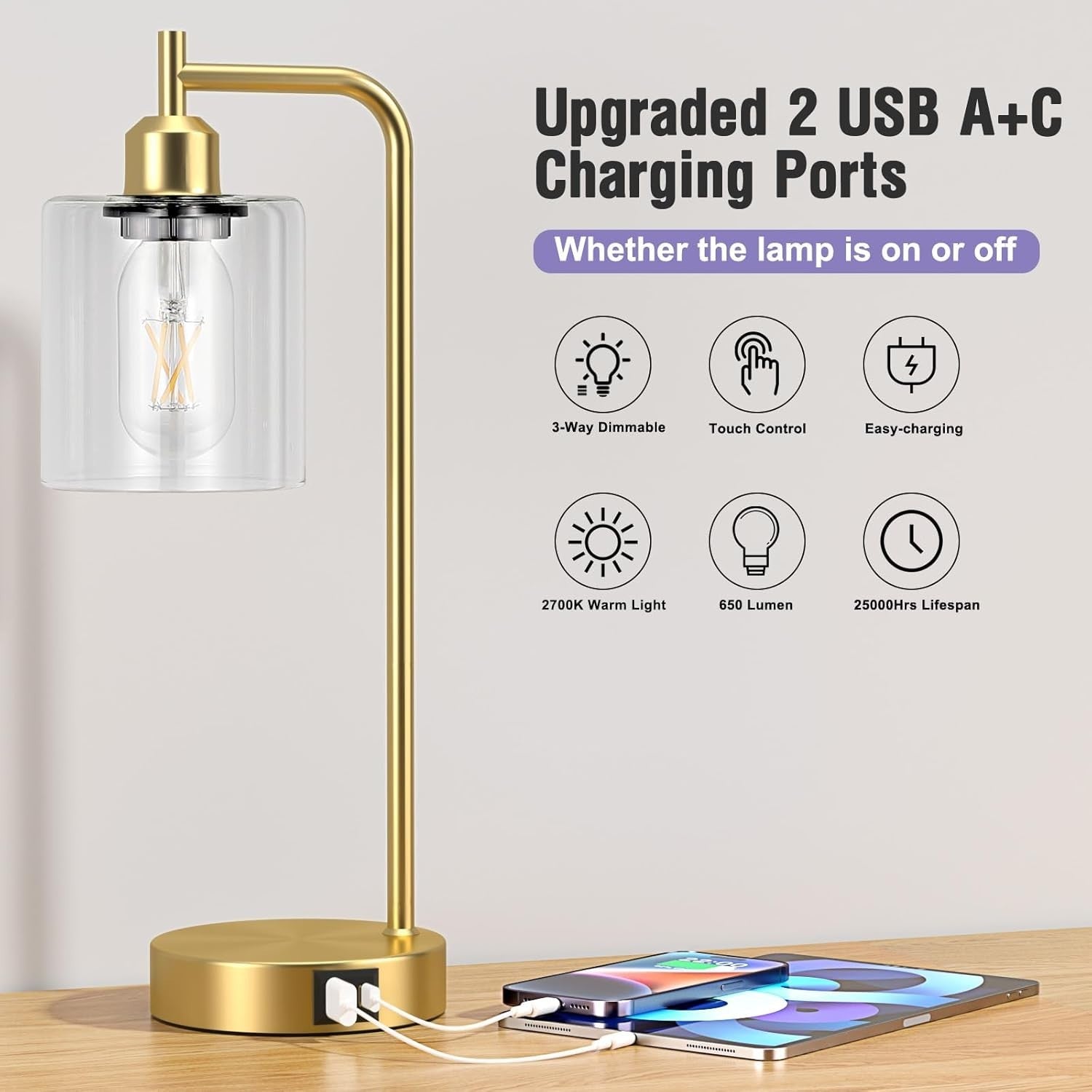 Gold Touch Bedside Lamps Set of 2 USB C+A Dimmable Clear Glass