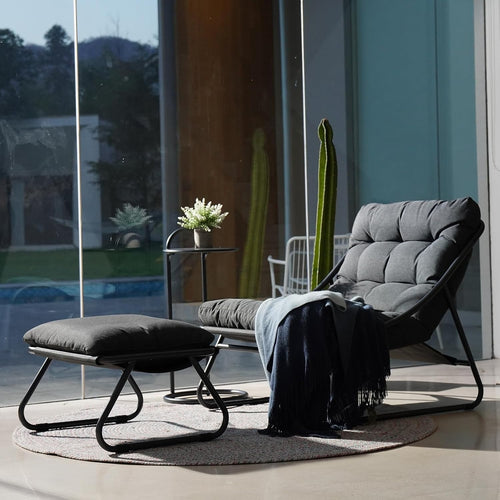 Garden Recliner Chair with Footstool & Side Table – Cushioned, Weatherproof