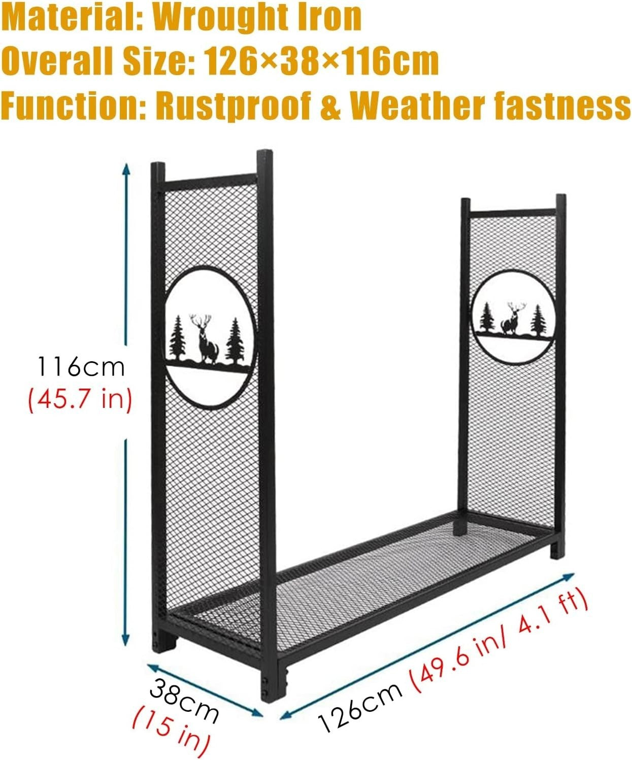 Heavy Duty Firewood Log Holder with Elk Design – Outdoor Indoor Rack 126x38x116c