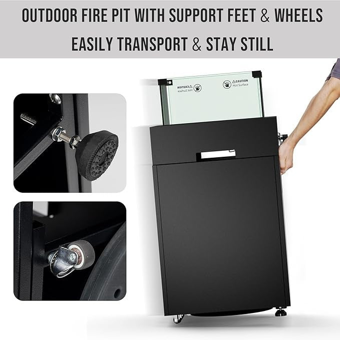 Gas Fire Pit Heater with Glass Wind Guard & Wheels, Smokeless Patio Heating