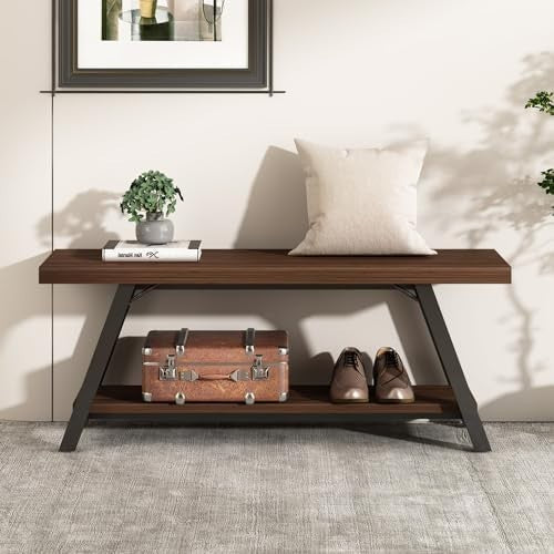 Walnut Industrial Entryway Storage Bench Metal Frame Shoe Rack Seat for Hallway