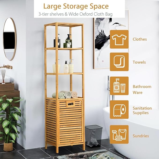 Bamboo Tilt-Out Laundry Hamper with Shelves, 3-Tier Organizer for Bathroom