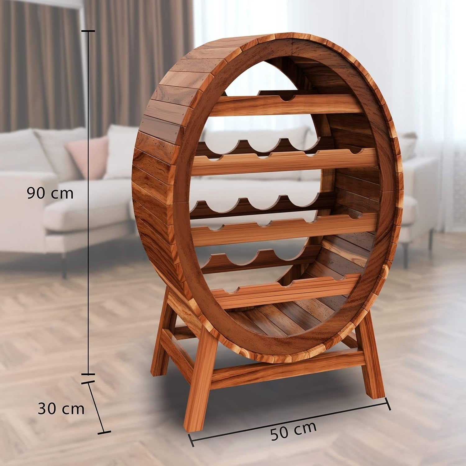 Rustic Barrel Wine Rack Solid Acacia Wood Holds 12 Bottles Floor Standing