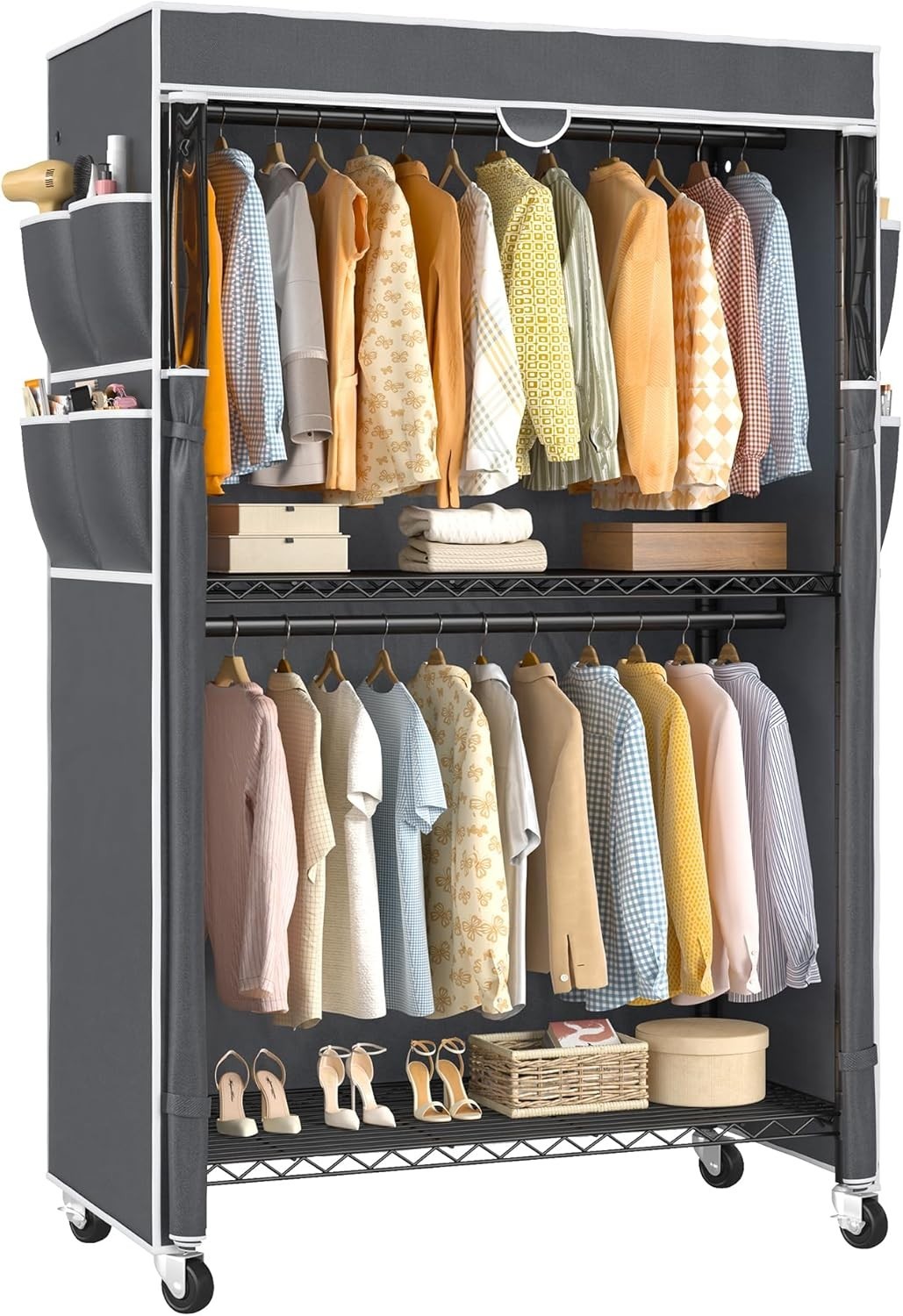 Heavy Duty Clothes Rail with Cover & Shelves – Black 204cm