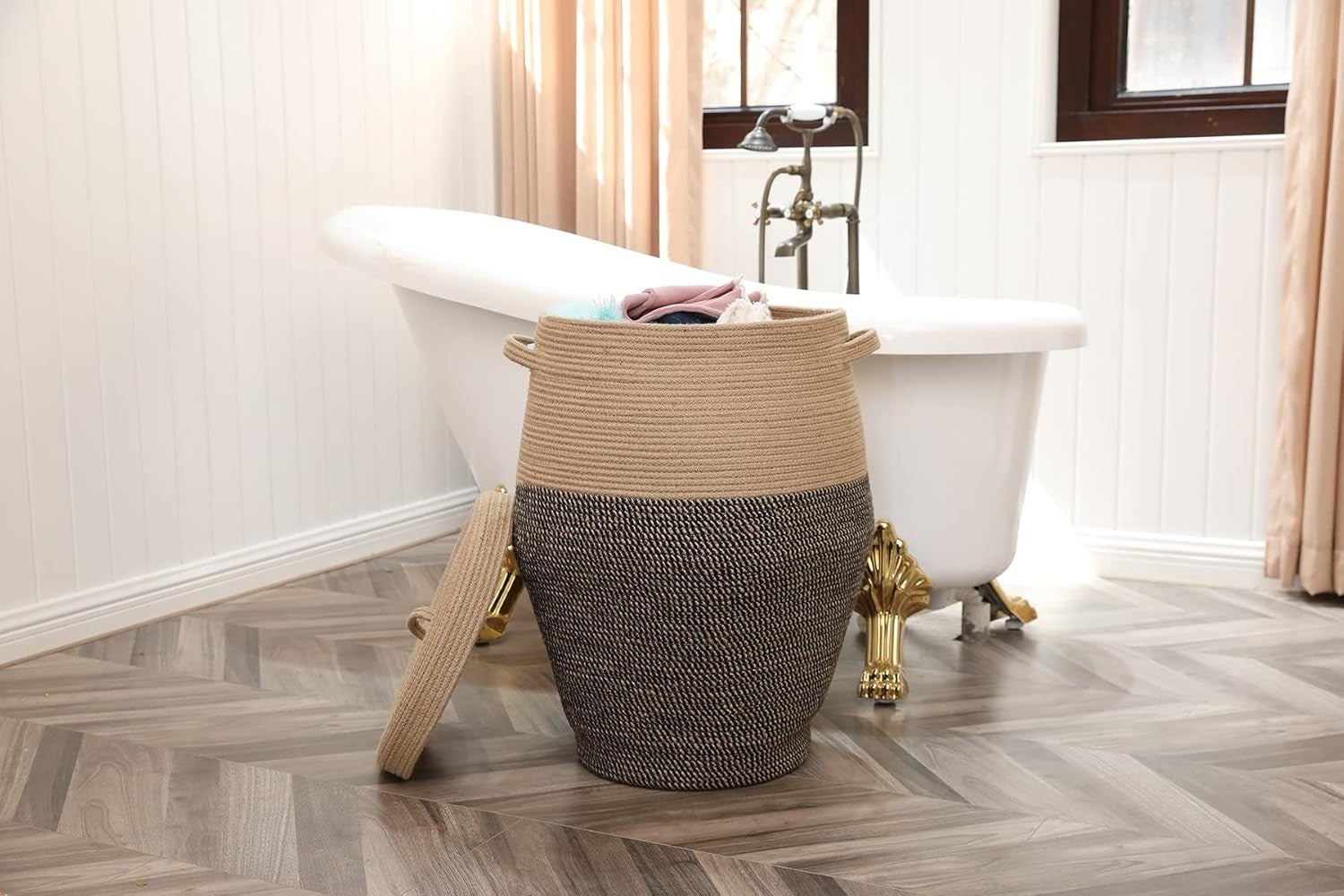 XL 26" Jute/Black Cotton Rope Laundry Basket with Lid Large Woven Storage Bin