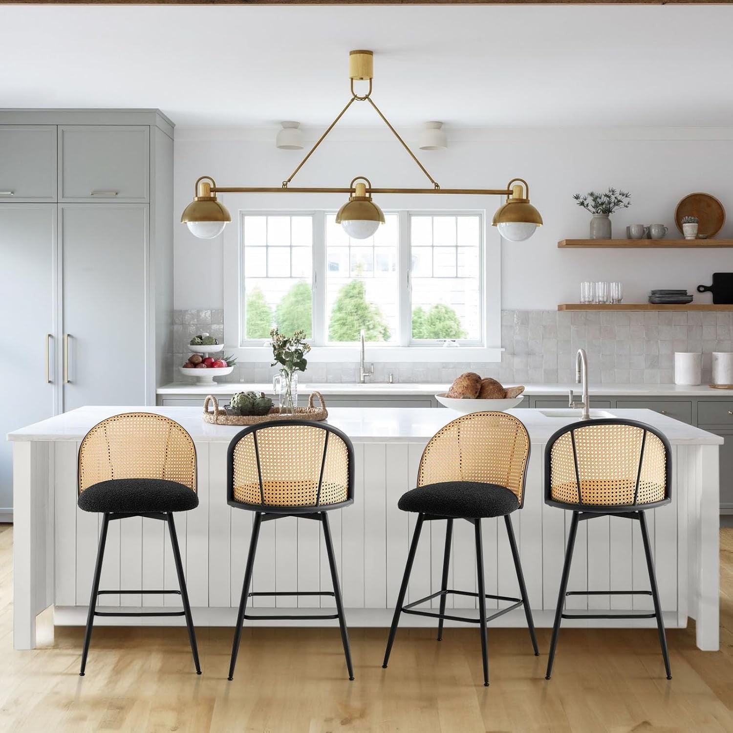 Set of 4 Counter Height Swivel Bar Stools Upholstered Rattan Back Kitchen