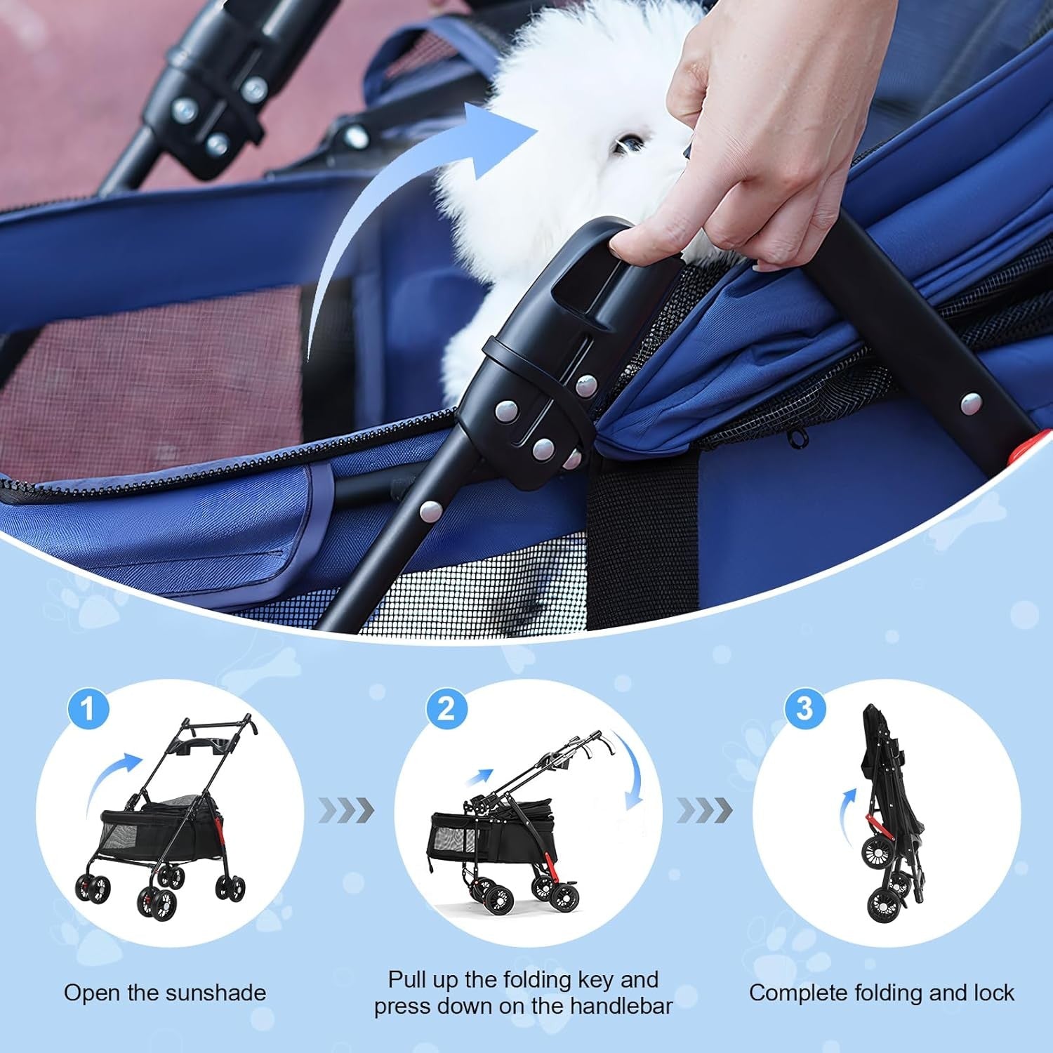 Pet Stroller for Dogs & Cats 4 Wheel Foldable Travel Pram Brake