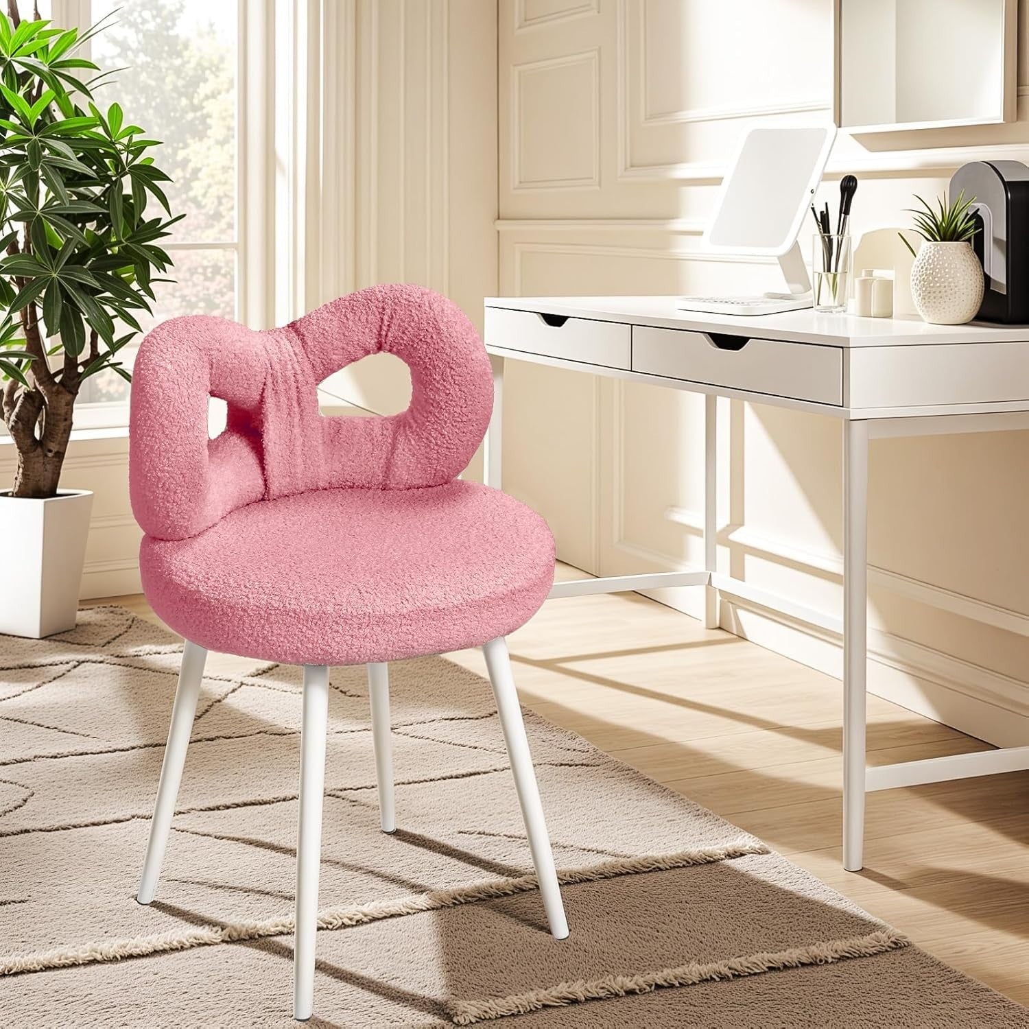 Pink Bowknot Vanity Chair Faux Wool Makeup Stool Adjustable Feet Modern