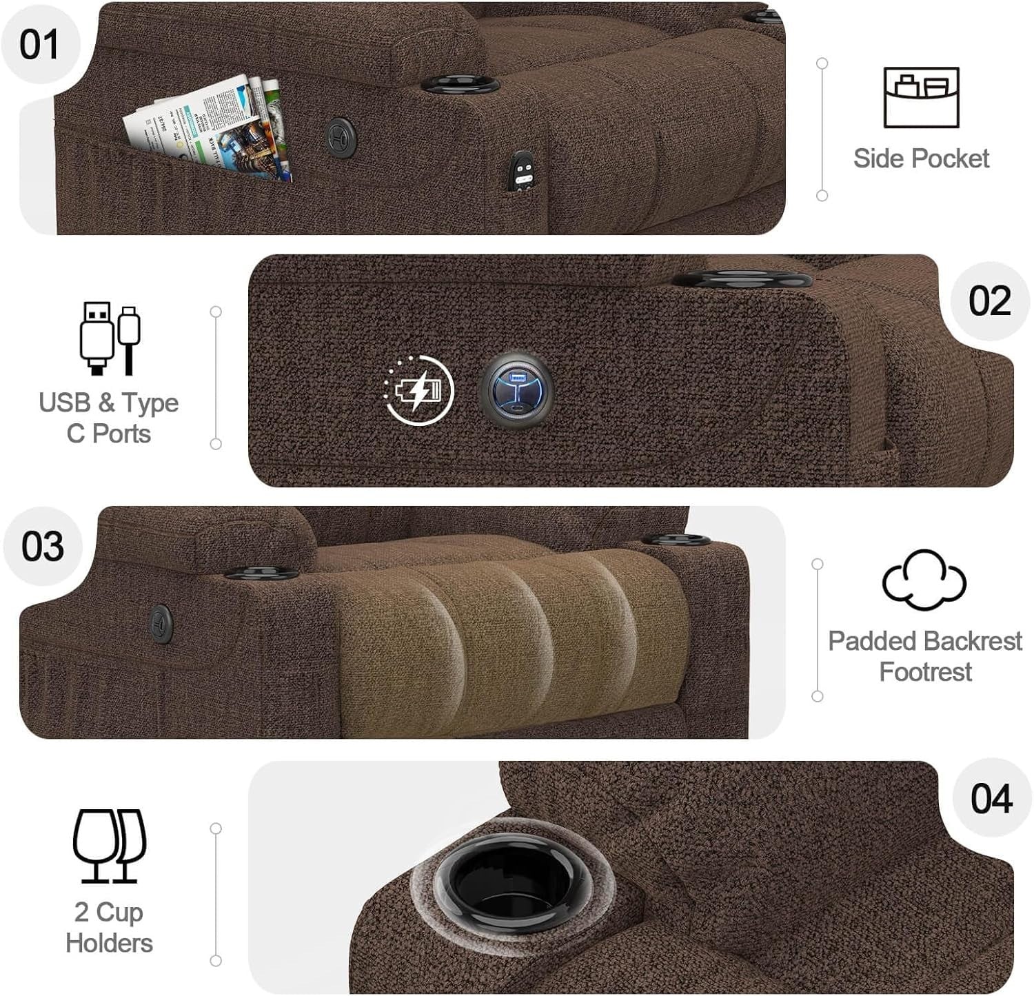 Power Lift Recliner Chair Massage Heat USB Type-C Cup Holders Fabric Dark Brown