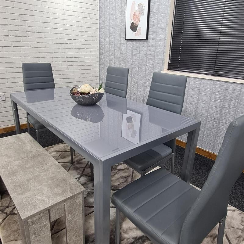 Grey Glass Dining Table Set 6 Seater with 4 Chairs & Bench for Kitchen