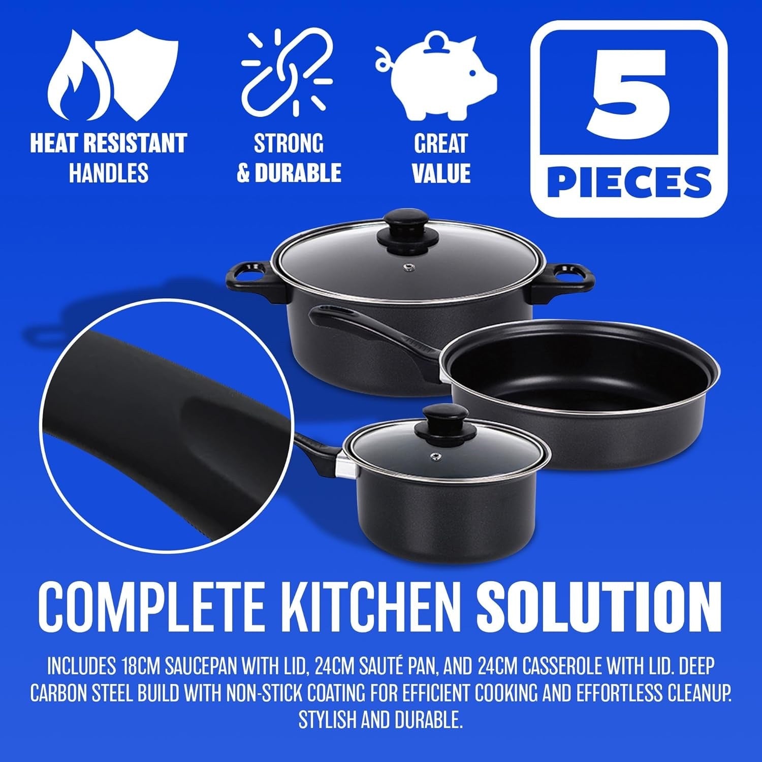 5Pcs Non Stick Carbon Steel Cookware Set with Glass Lids Bakelite Handle Black