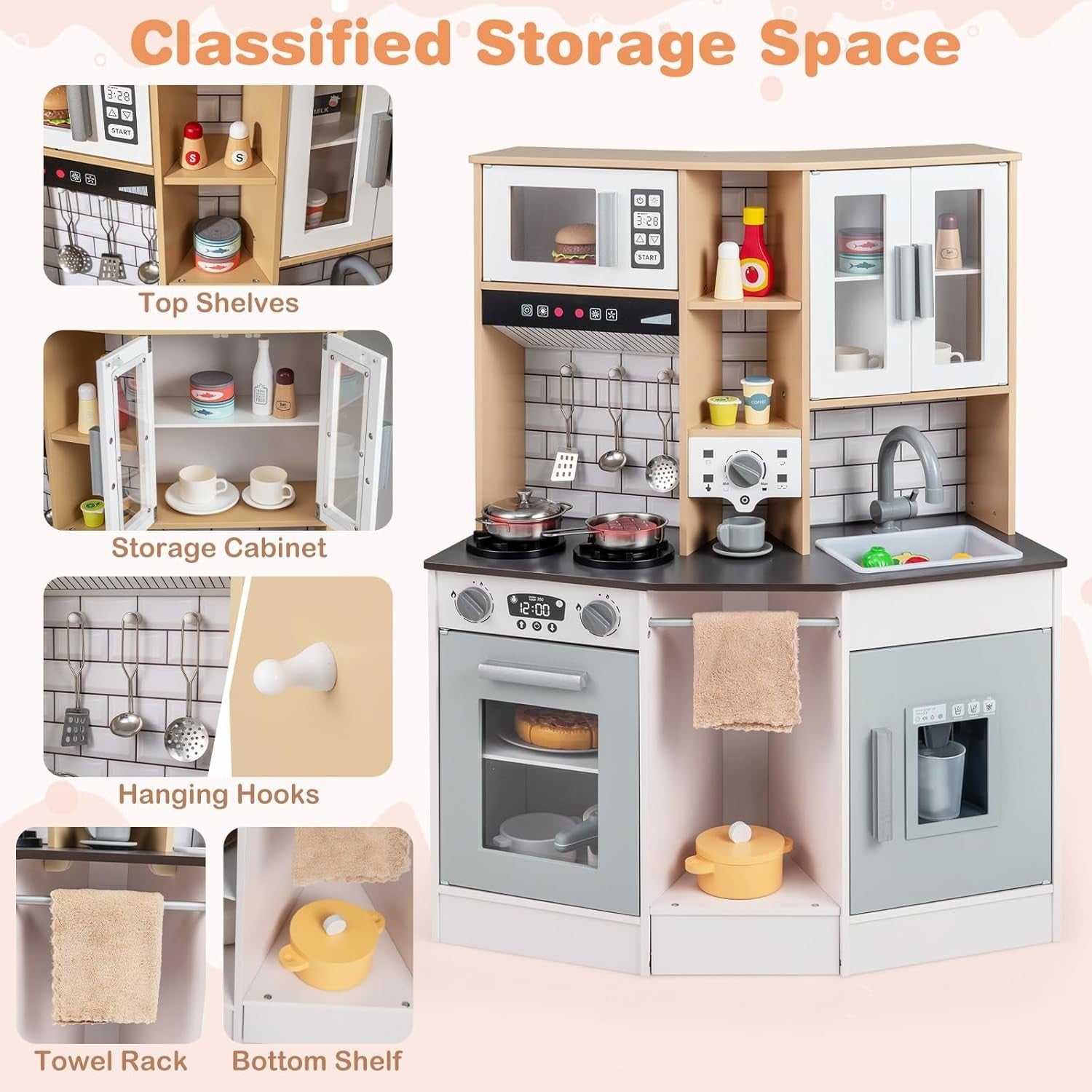 Wooden Kids Play Kitchen Lights Sounds Coffee Maker Grey Toy