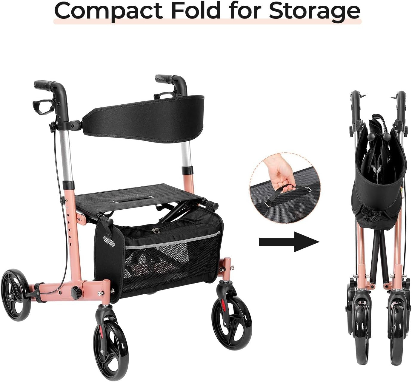 Lightweight Folding Rollator Walker 4 Wheel Seat Bag 300lb Pink