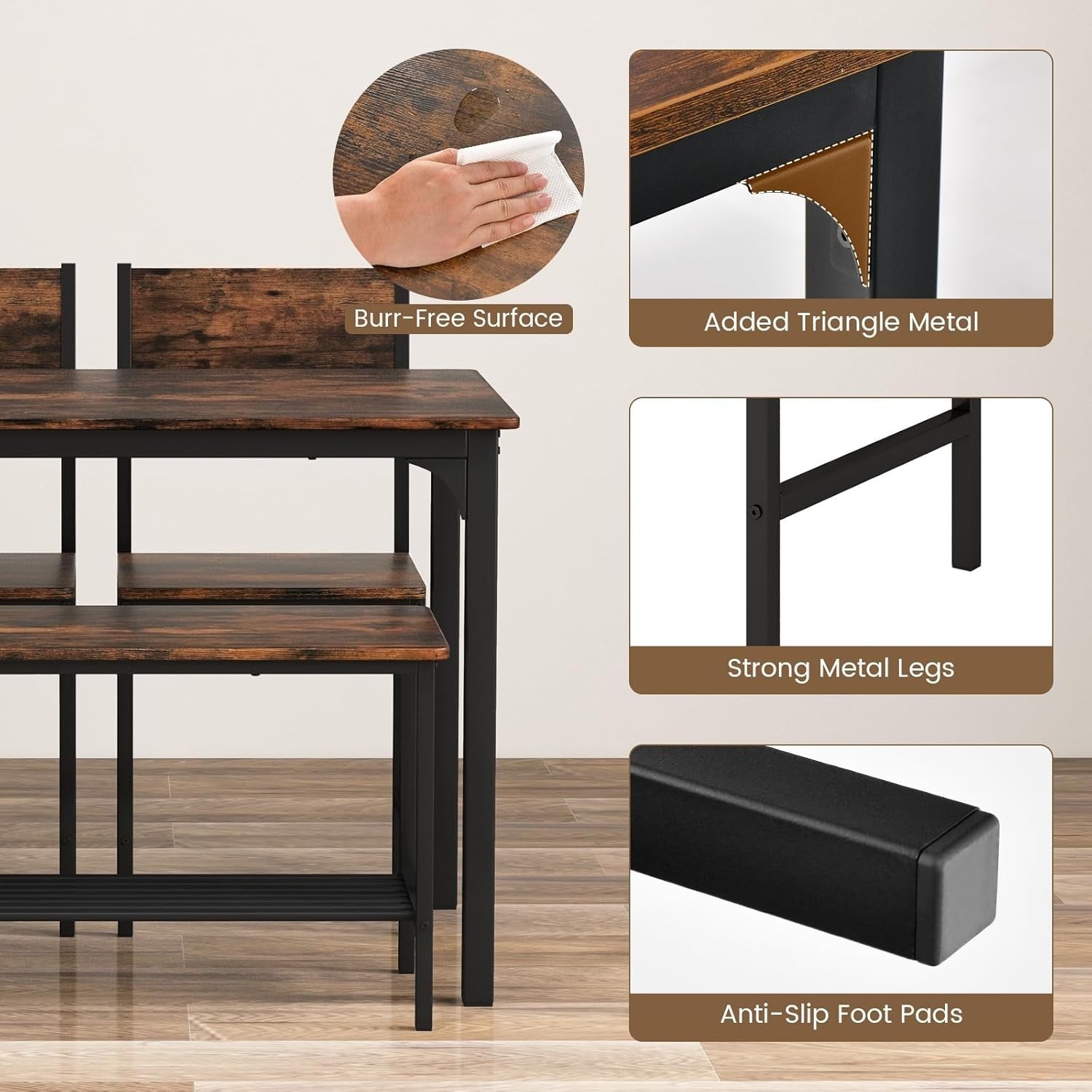 Rustic Brown Industrial Dining Set with Bench & Storage Shelf – Seats 4
